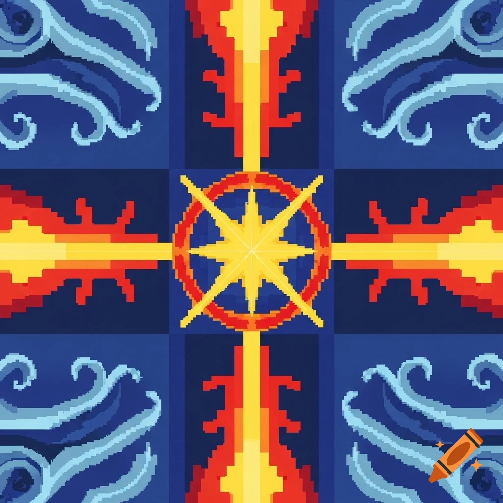 Abstract pixel art flag with a central yellow starburst, surrounded by red flames, and blue wave patterns in the corners on a dark blue background.