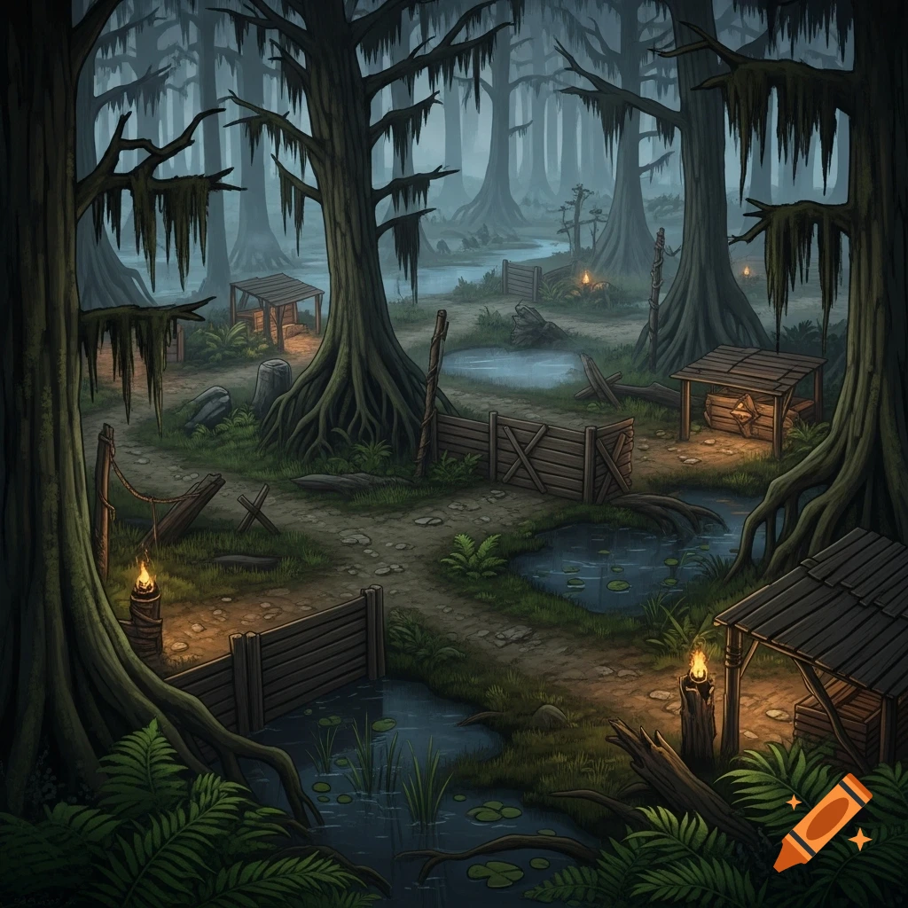 Stylized isometric game map of a dark swampy forest with large trees, winding paths, wooden shelters, fences, and flickering lanterns.