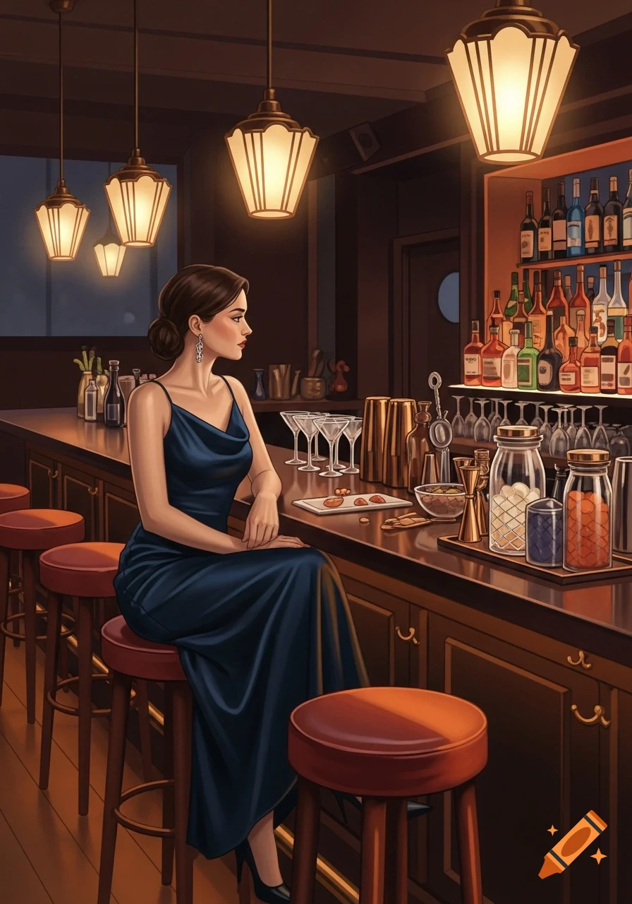 An illustration of a woman in a dark blue dress sitting on a red stool at a dimly lit bar, with shelves of bottles and barware behind her.