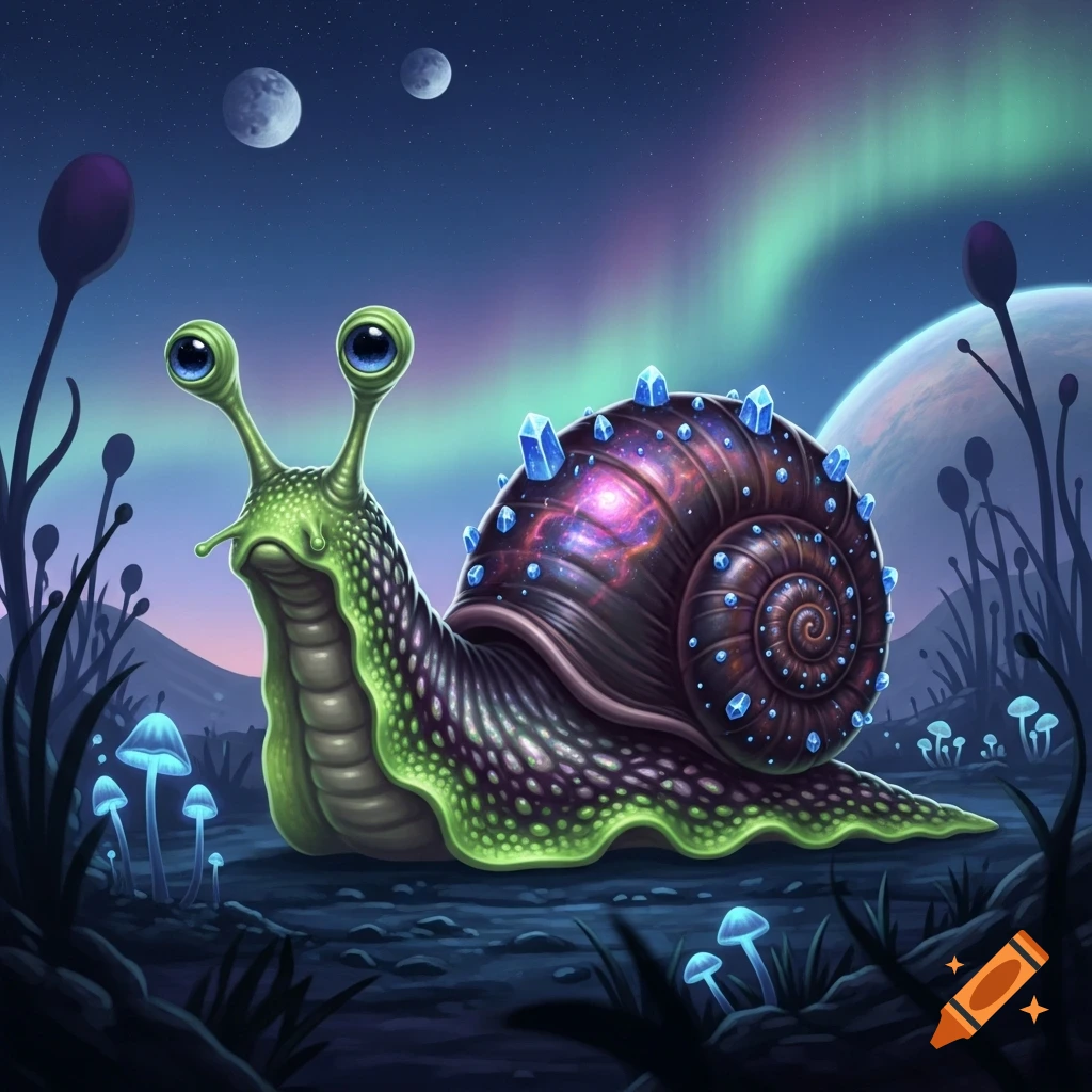 A vibrant illustration of a glowing, crystal-adorned alien snail on an alien planet with glowing mushrooms, multiple moons, and an aurora.