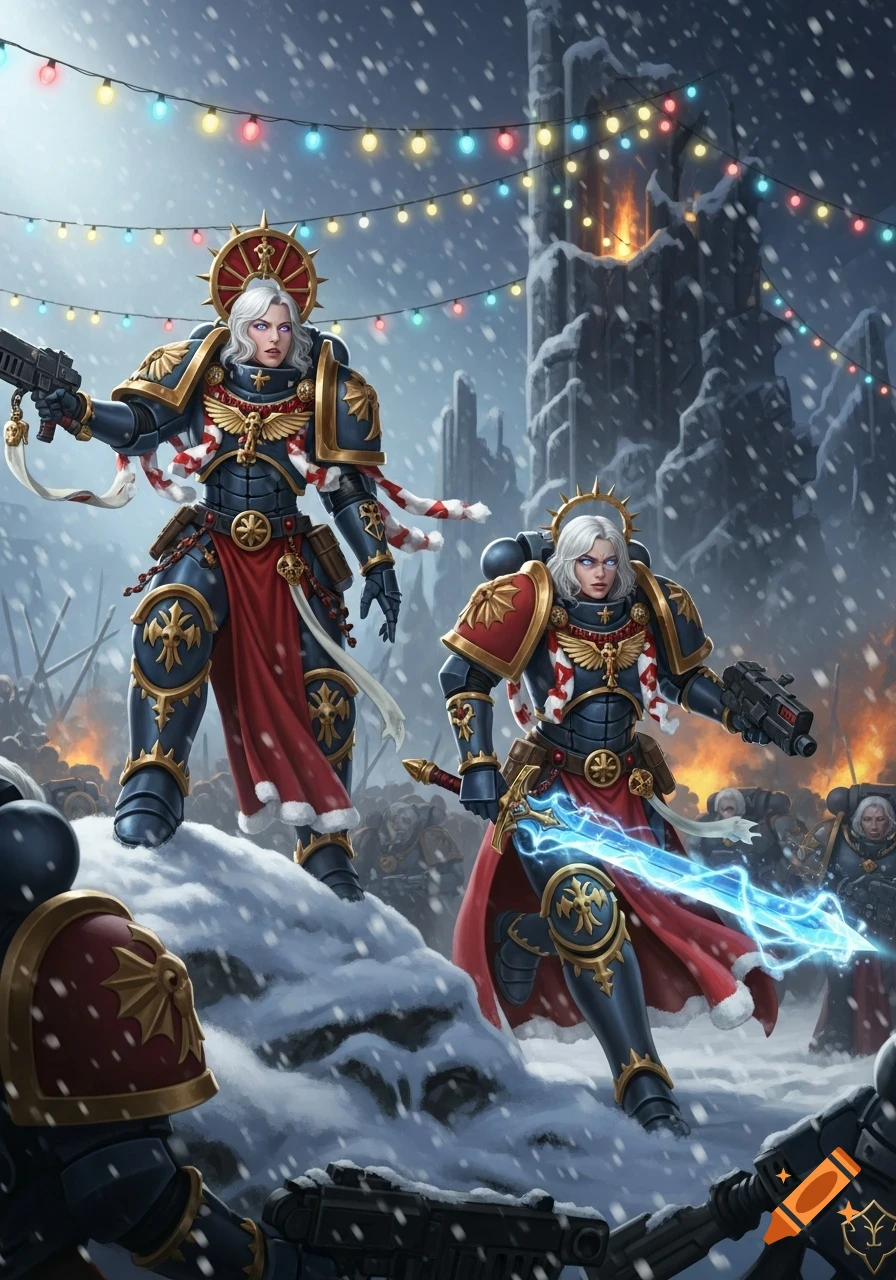 Anime-style Warhammer 40k female warriors in power armor battle in a snowy Christmas scene with festive lights.