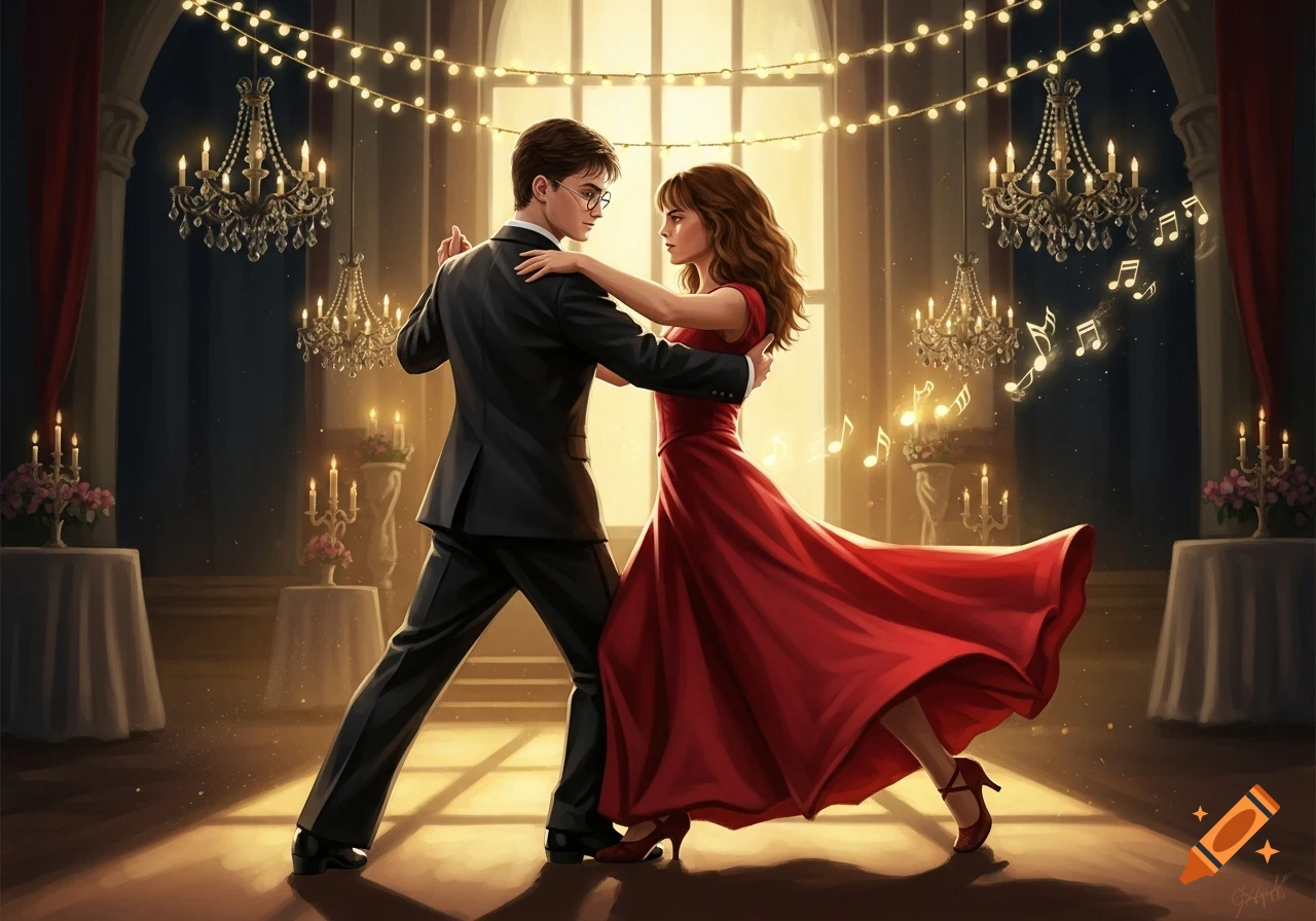 An illustration of Harry Potter and Hermione Granger dancing a formal tango in a grand ballroom with chandeliers.