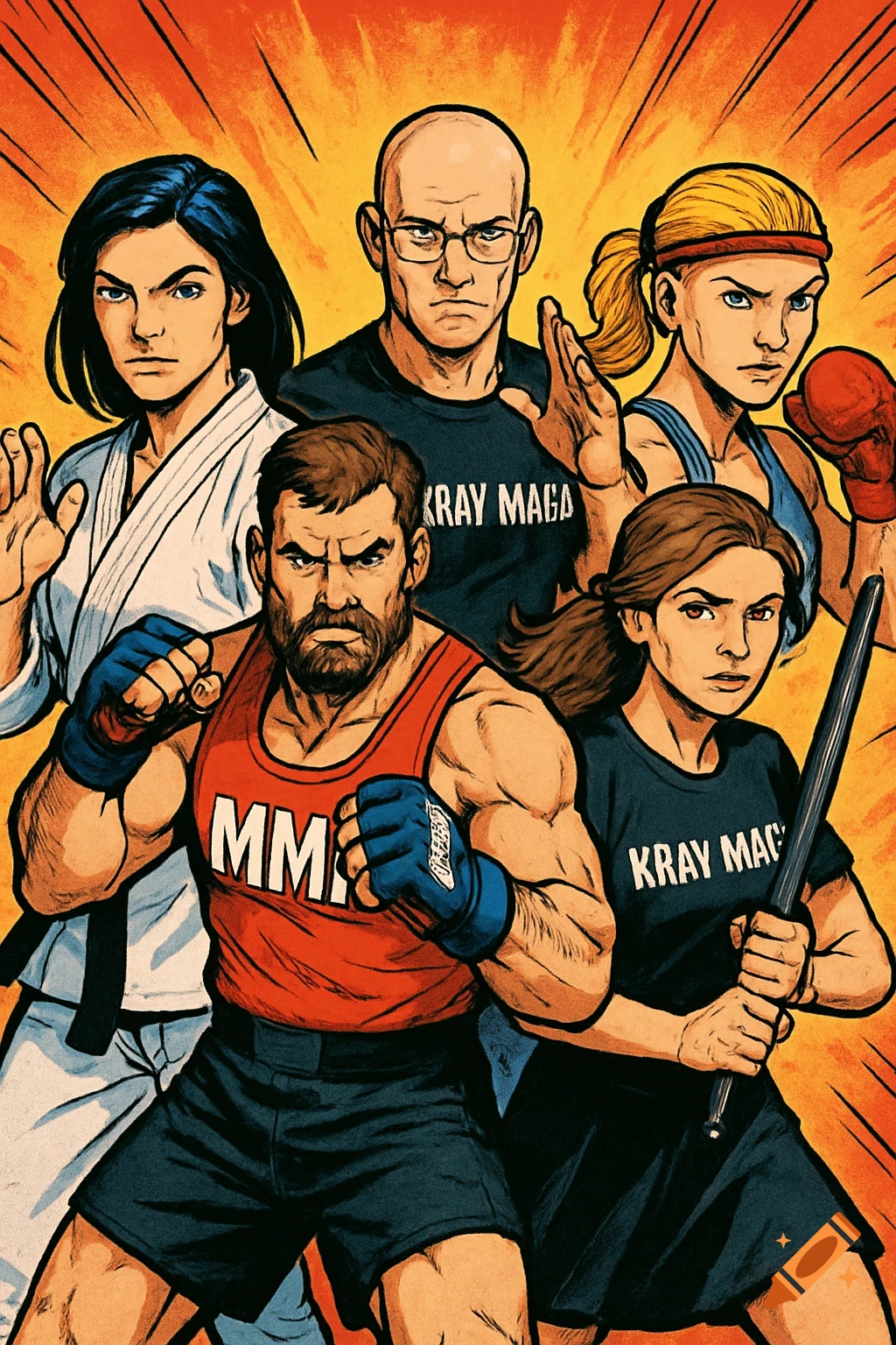 Five comic book style martial artists, including a judoka, MMA fighter, Krav Maga practitioners, and a Muay Thai boxer, in combat stances.