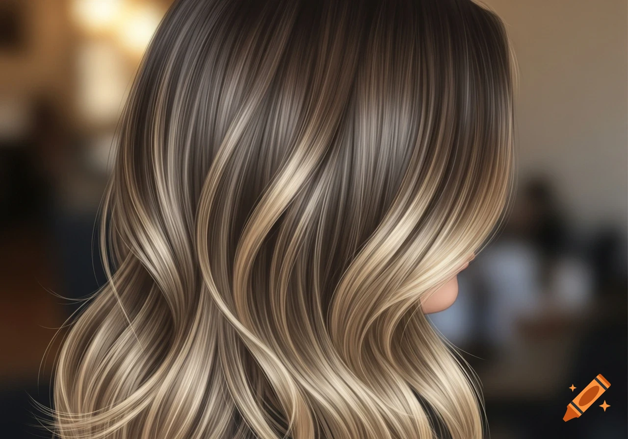 Close-up of wavy brown hair with warm blonde balayage highlights, viewed from the side.