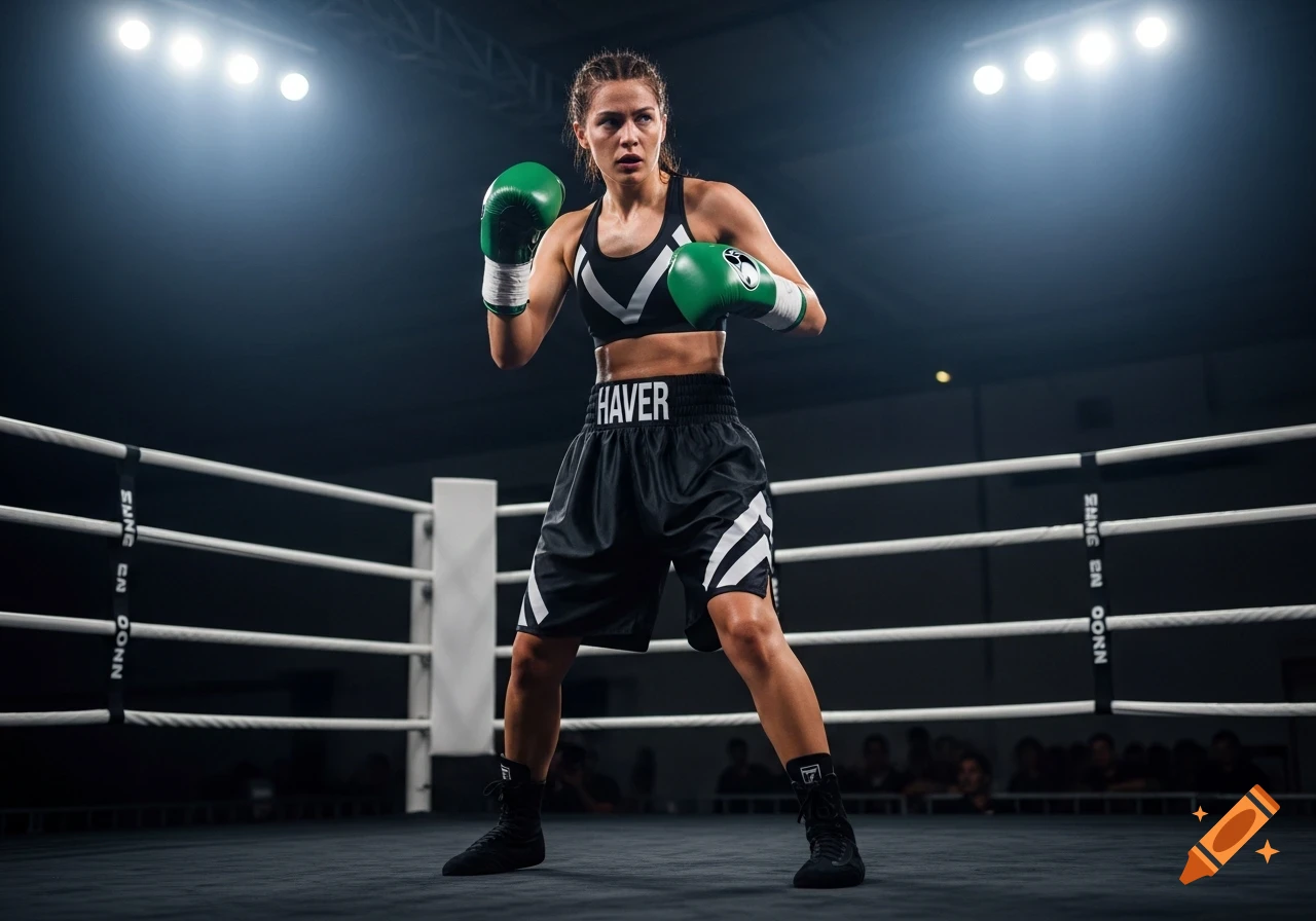 A determined woman boxer in a black sports bra and shorts with green gloves stands in a brightly lit ring, ready to fight. Photorealistic.