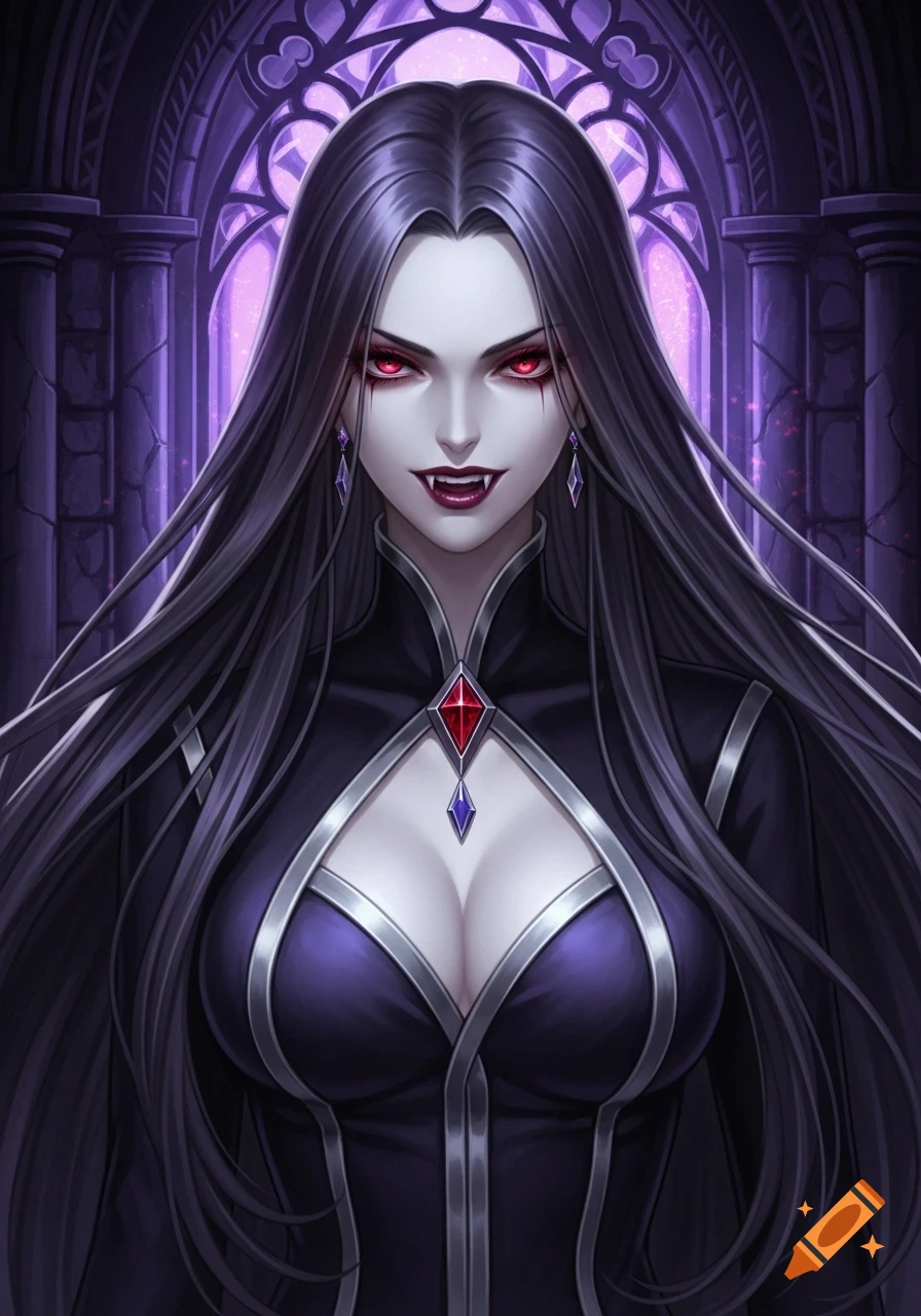 Anime portrait of a pale-skinned vampire mistress with long black hair, glowing red eyes, and fangs, wearing a dark gothic dress.