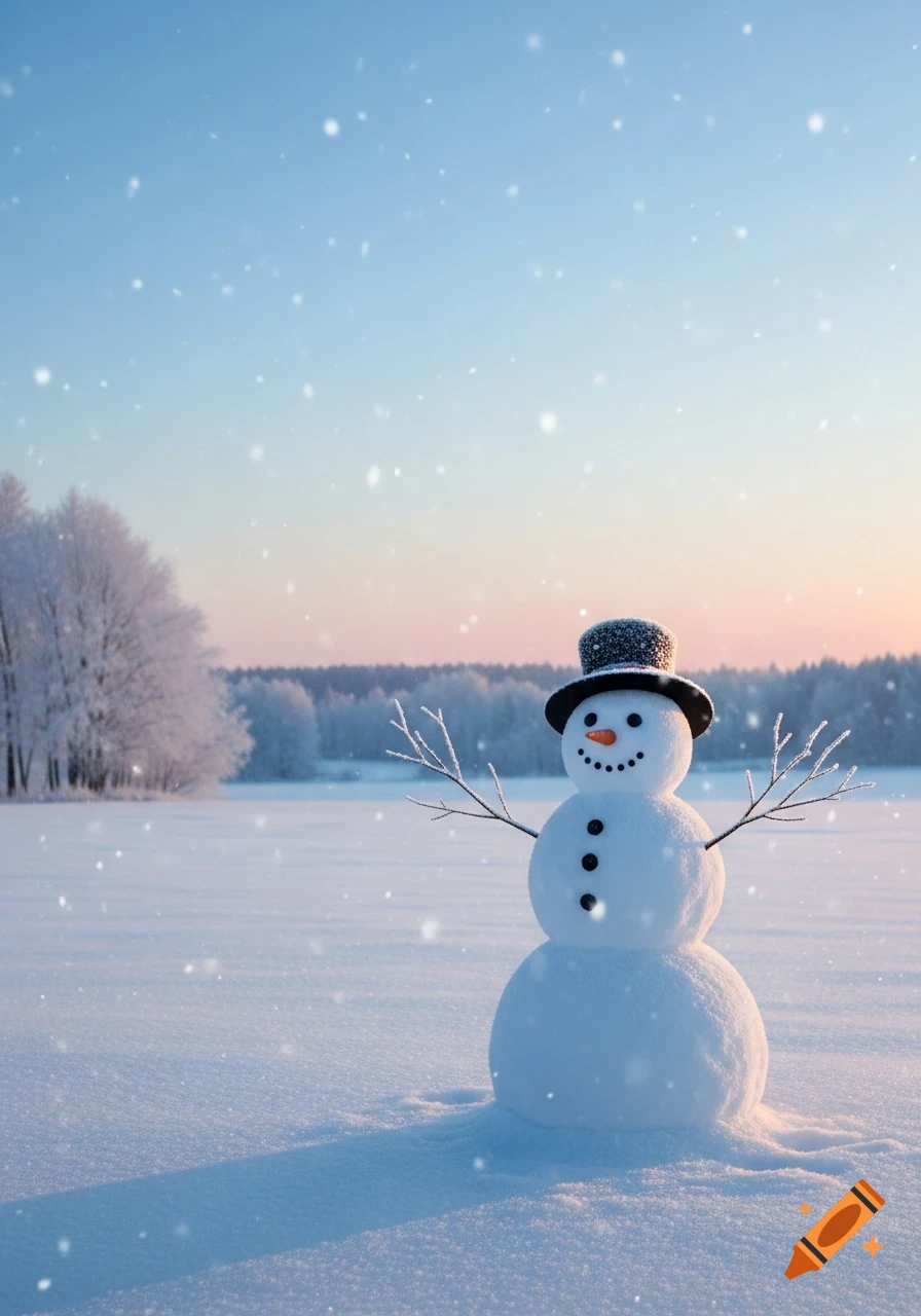 A friendly snowman wearing a top hat stands in a vast snowy field under a soft sunrise sky with falling snow.