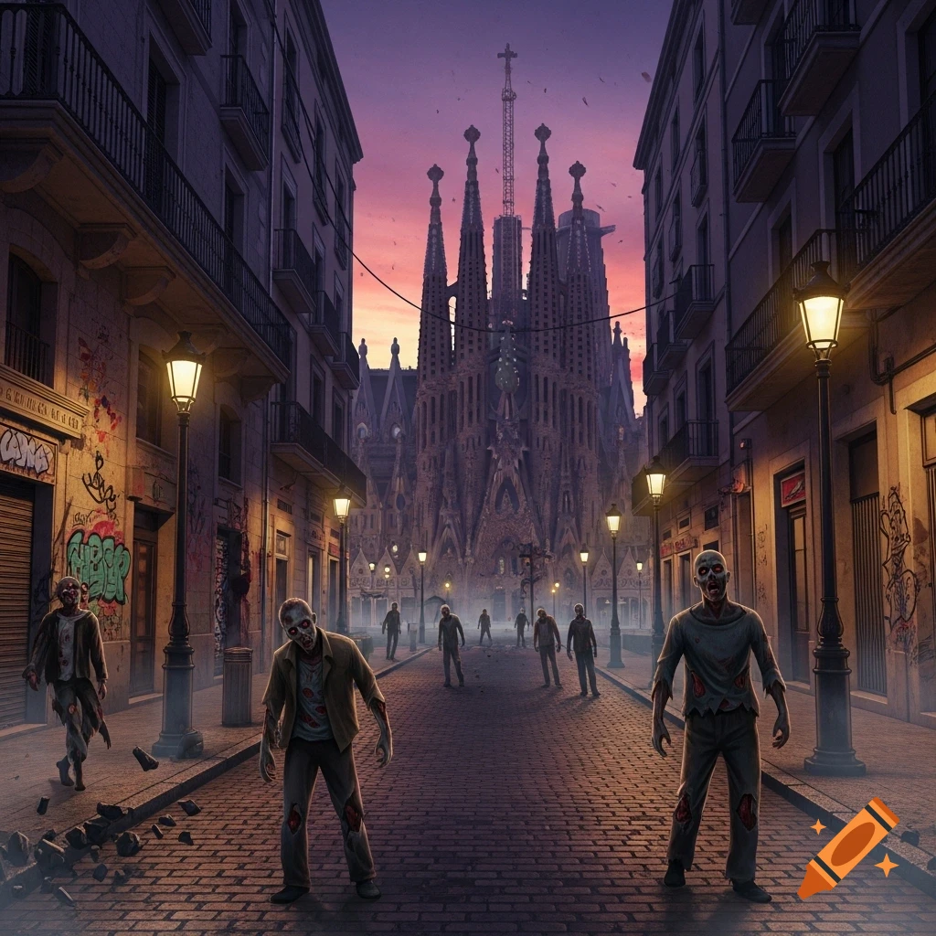 A wide street in Barcelona at dusk, leading to Sagrada Familia, filled with a horde of zombies in a gritty, apocalyptic style.
