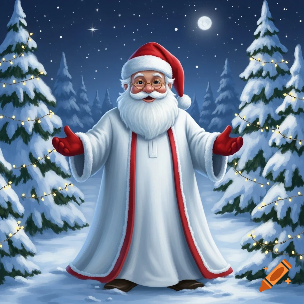 Santa Claus in a white robe and red hat stands in a snowy forest with illuminated Christmas trees under a full moon.