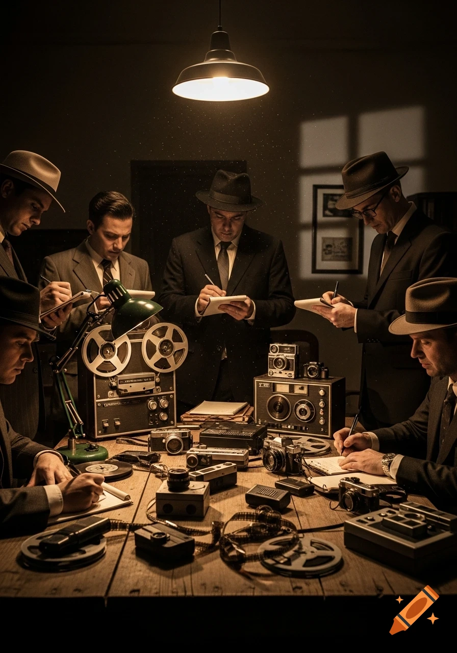 Men in fedoras and suits gather around a table with vintage reel-to-reel recorders and cameras, taking notes under a lamp, in a noir-style scene.
