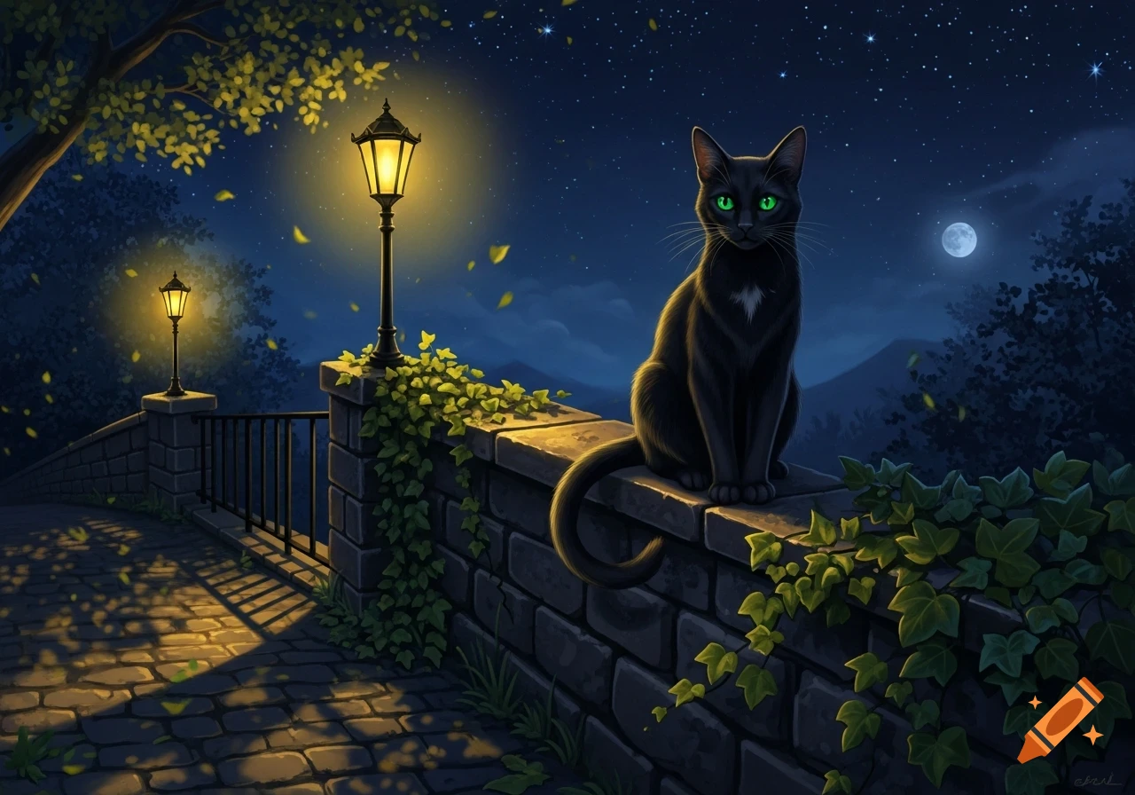A black cat with glowing green eyes sits on a stone wall under a starry ...