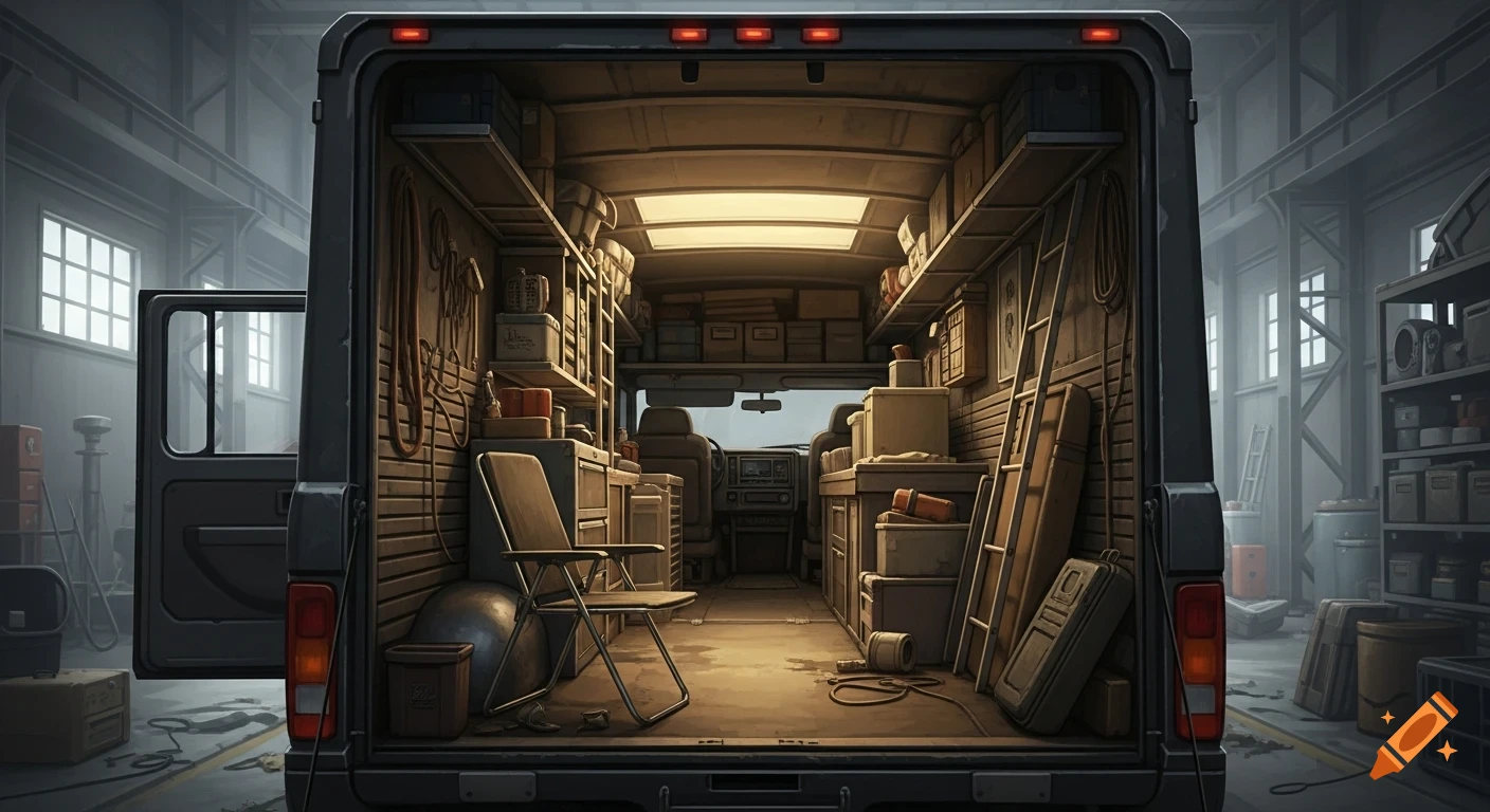 View from the rear of a large utility truck, revealing its interior filled with shelves, tools, boxes, and a folding chair, parked inside a dimly lit industrial workshop.