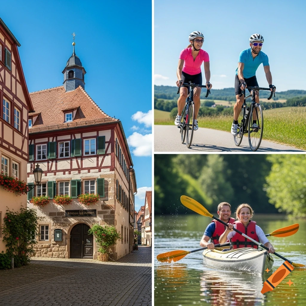 A collage showing a historic German town square, a couple cycling on a sunny road, and the same couple kayaking on a river.