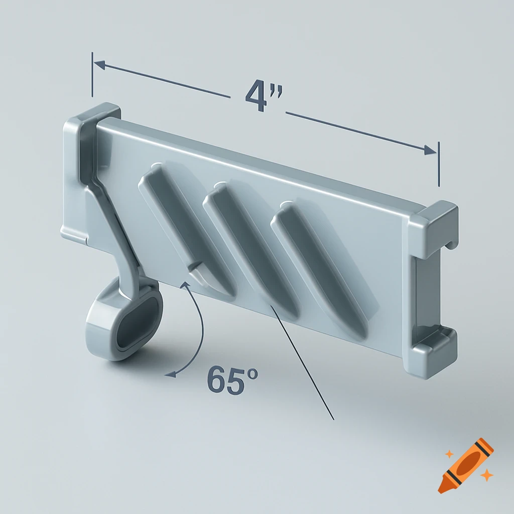 Gray plastic closet rail module with three angled grooves, a snap-lock, and labeled dimensions of 4 inches and 65 degrees.