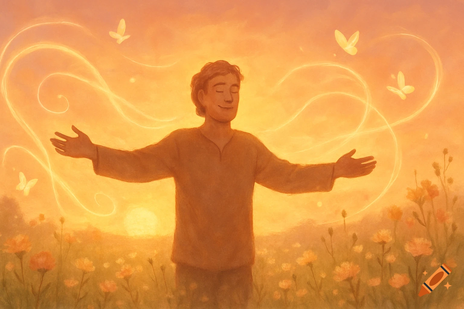 A person with arms outstretched in a field of flowers at sunset, with glowing ethereal lines and butterflies, in a soft, painted style.
