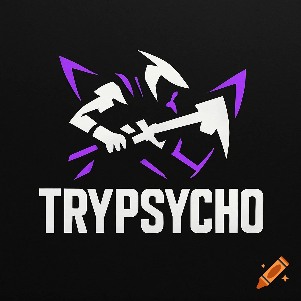 A stylized white and purple figure holding a pickaxe-like weapon on a black background, with the text 'TRYPSYCHO' below.