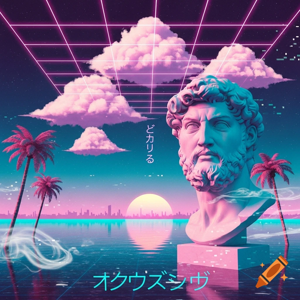 A vaporwave-style image featuring a classical male bust in teal and pink, set against a neon grid sky with pink clouds, palm trees, and a cityscape reflected in water at sunset.