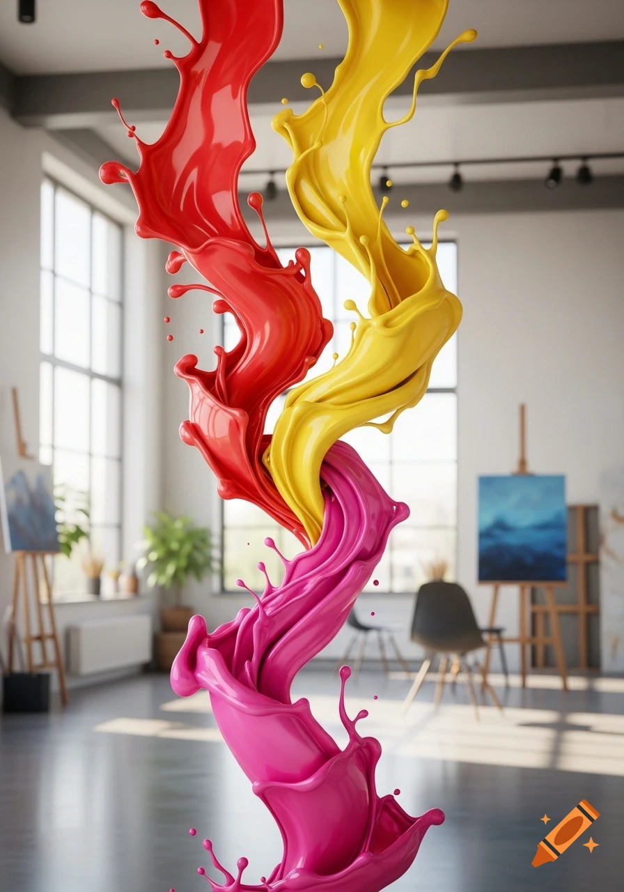 Vibrant red, yellow, and pink paint splashes intertwining dynamically in an art studio setting.