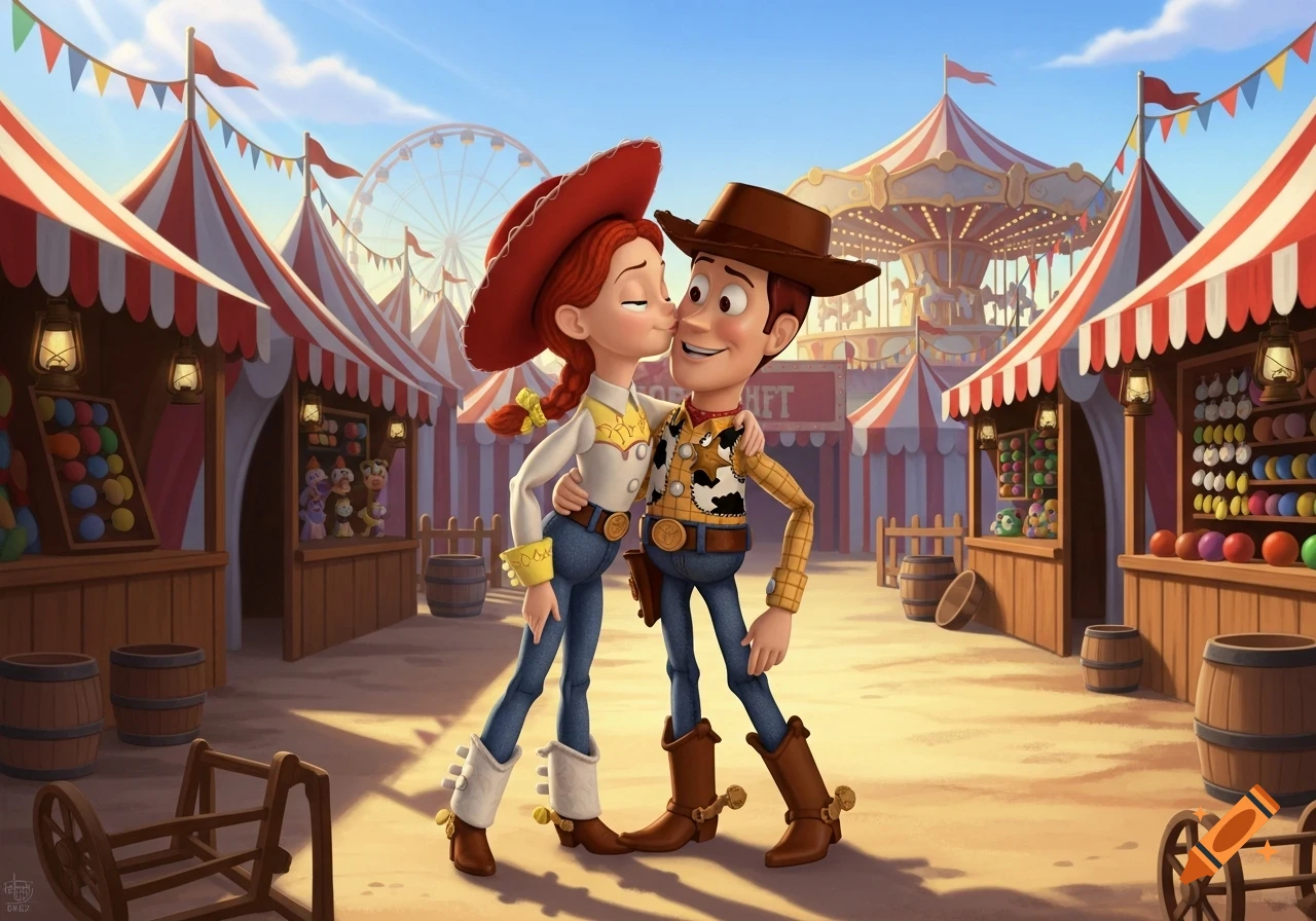 Jessie kisses Woody on the cheek at a vibrant cartoon carnival with tents, a Ferris wheel, and a carousel.