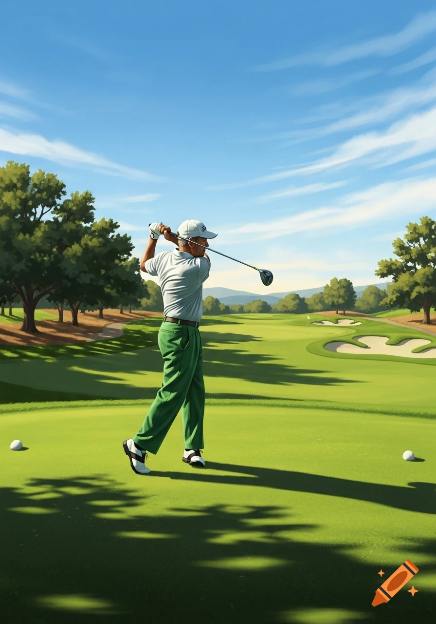 A male golfer in green trousers and a white shirt swings a club on a sunny green golf course with trees and bunkers.