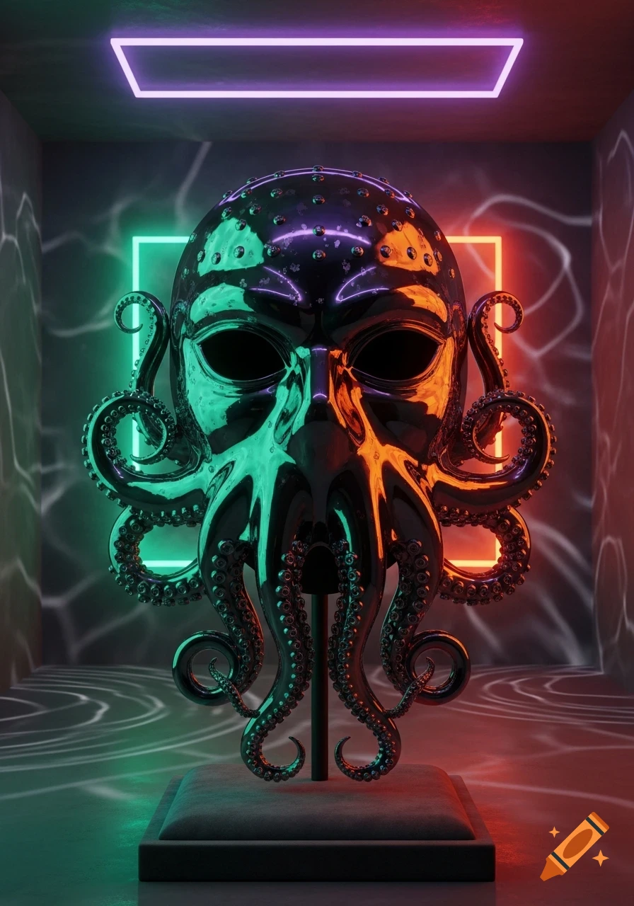 A reflective chrome octopus mask with neon green and orange lighting in a dark room with purple neon lights.