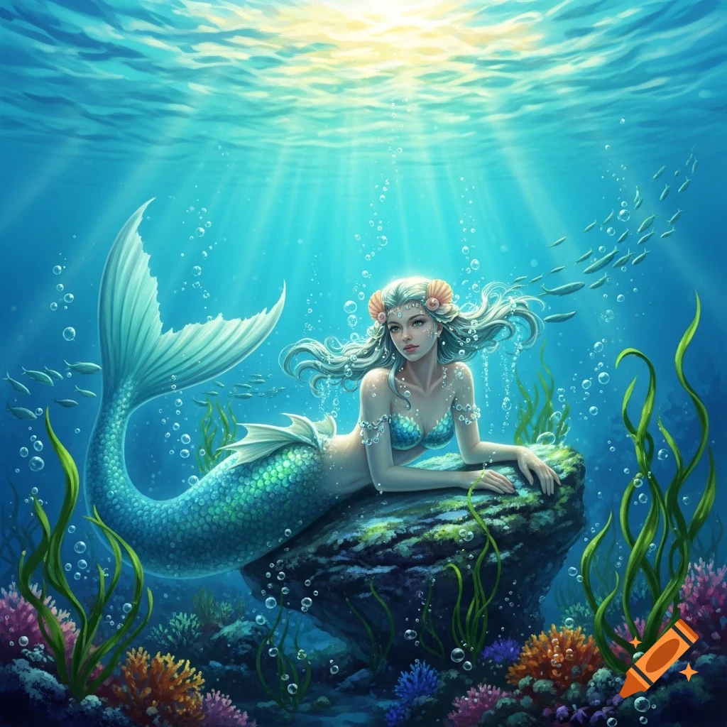An ethereal mermaid with flowing white hair and a sparkling green tail rests on a rock under sunlit turquoise water, surrounded by colorful coral and fish.