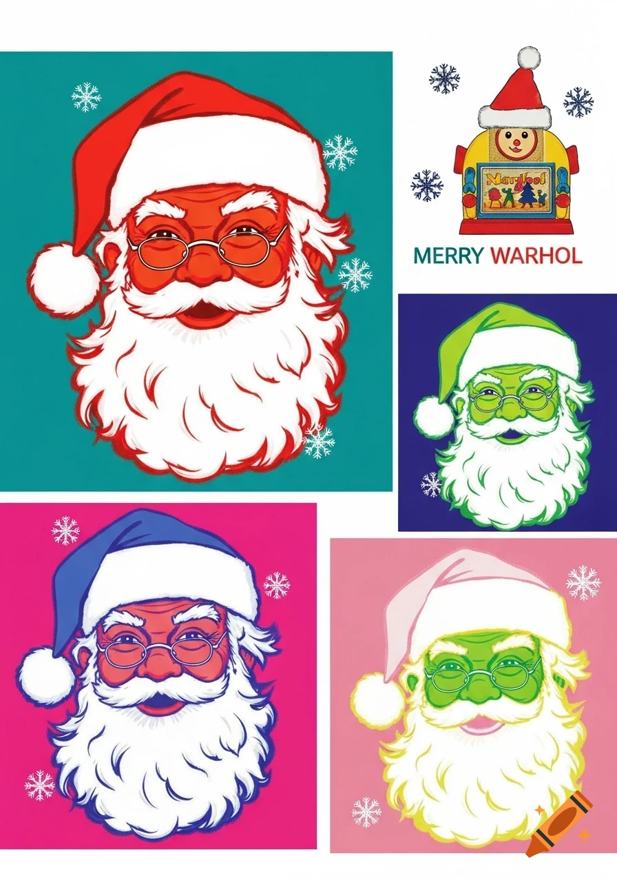 A pop art style collage featuring multiple portraits of Santa Claus with different colored backgrounds and hats, alongside a toy with text.