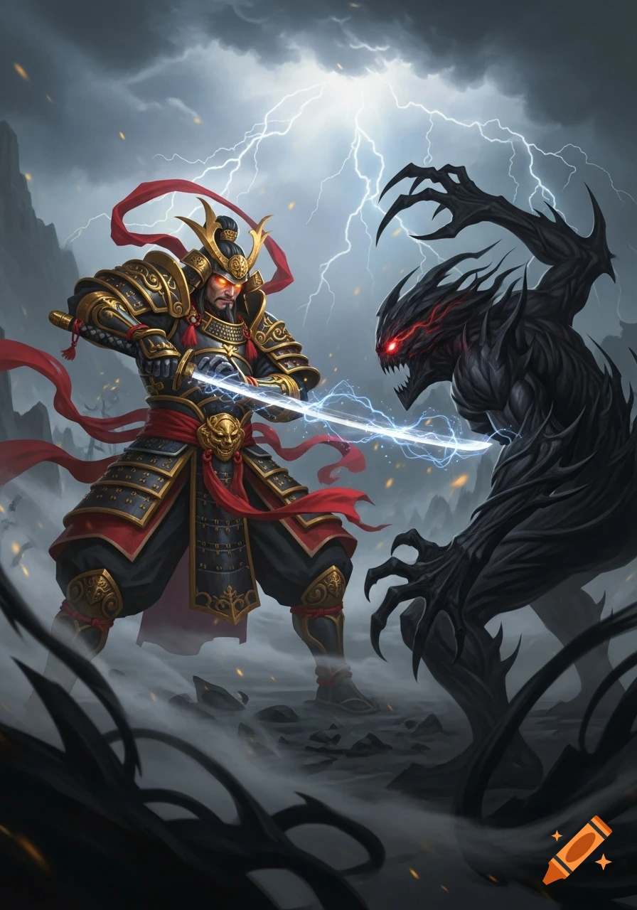 An armored samurai with an electric sword battles a shadowy monster in a dramatic, lightning-filled fantasy digital art scene.