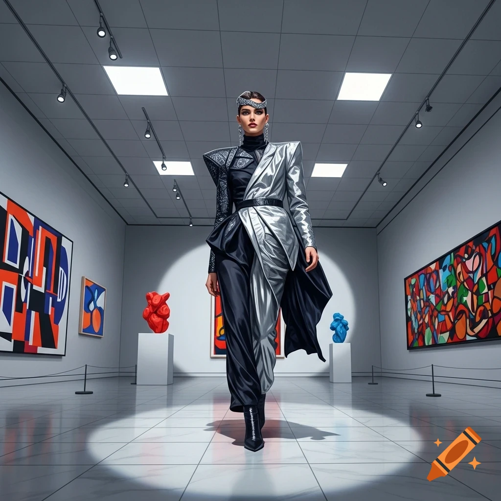 A person in a striking black and silver avant-garde outfit walks through a modern art gallery displaying colorful abstract paintings.