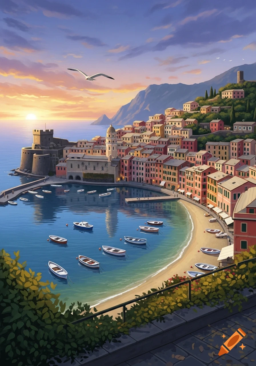 Picturesque coastal town with colorful buildings on a hillside overlooking a bay filled with boats at sunset, painted style.