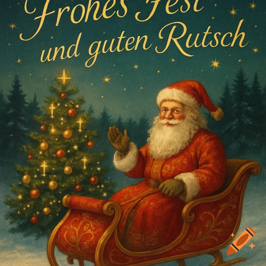 Vintage illustration of Santa Claus in a sleigh next to a glowing Christmas tree under a starry sky, with German holiday text.
