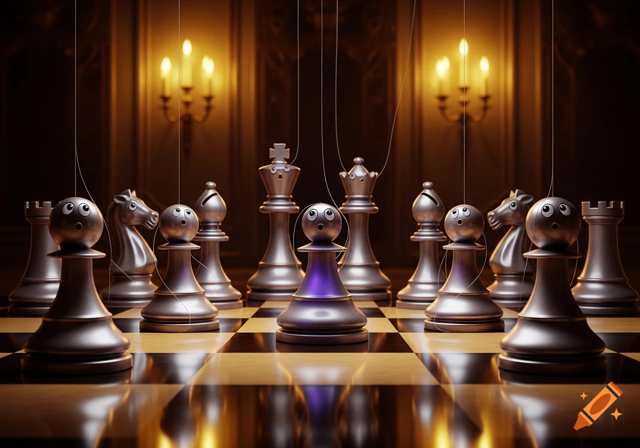 Silver chess pieces with cartoon faces and strings stand on a glossy chessboard, illuminated by warm chandelier lights in a dark room.