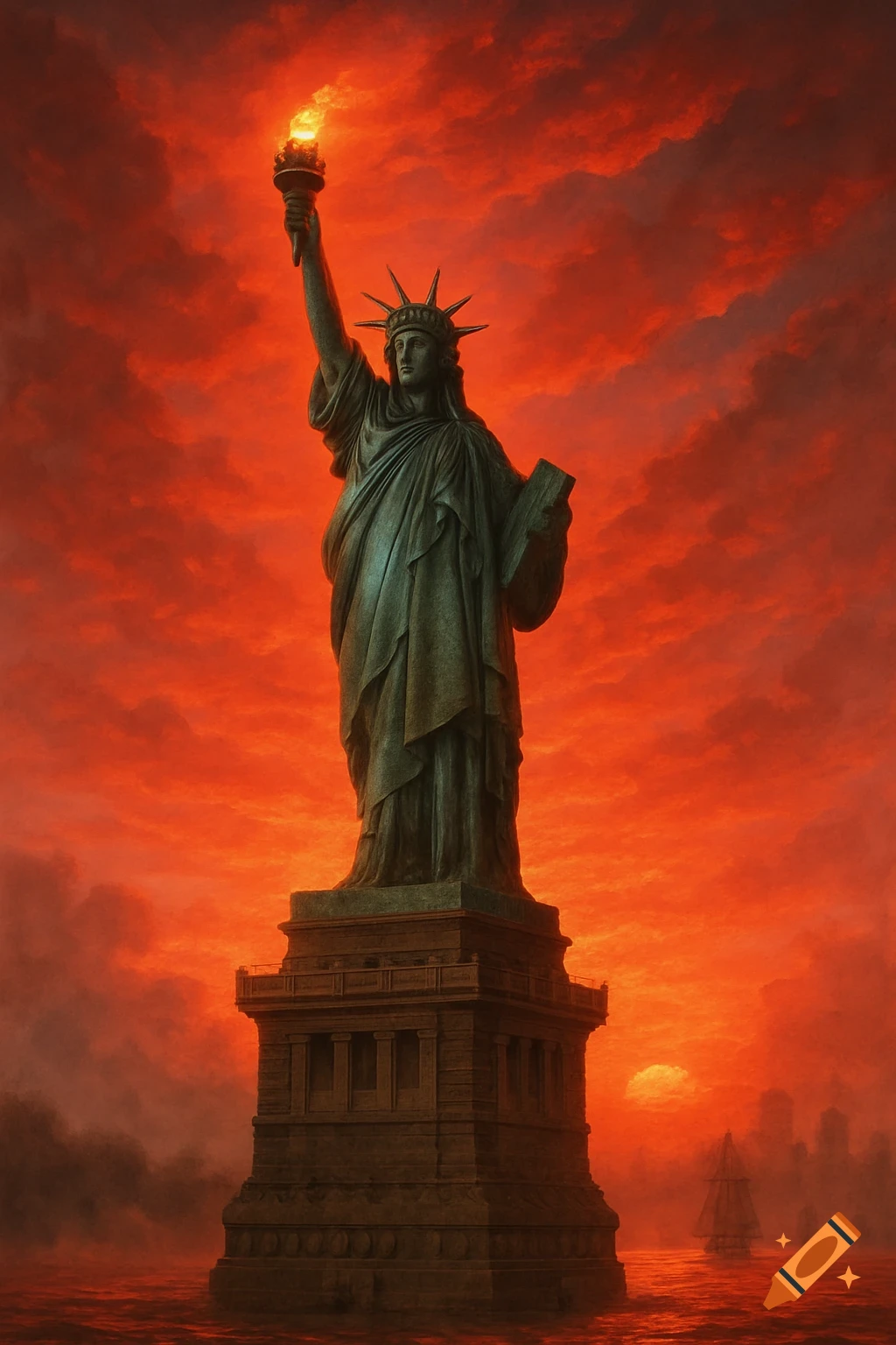 A dramatic image of the Statue of Liberty with a torch, standing in water against a fiery red, cloud-filled sky.
