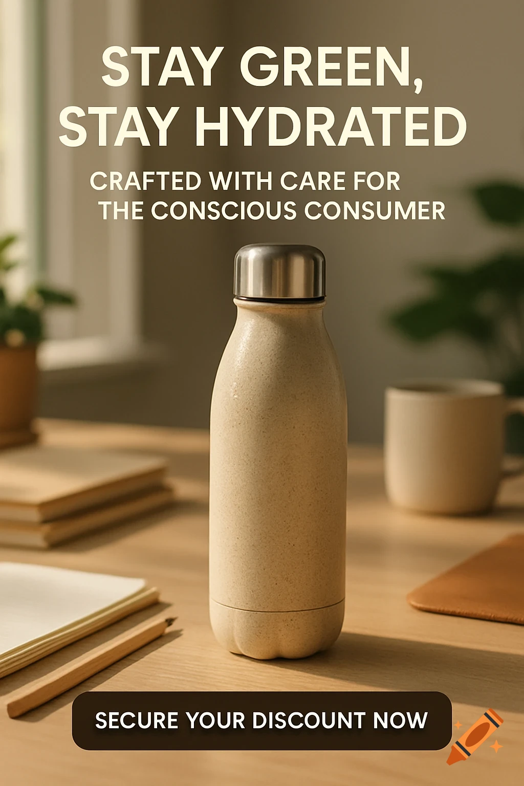 A beige, speckled reusable water bottle with a metal cap on a wooden desk with notebooks, promoting sustainability and a discount.