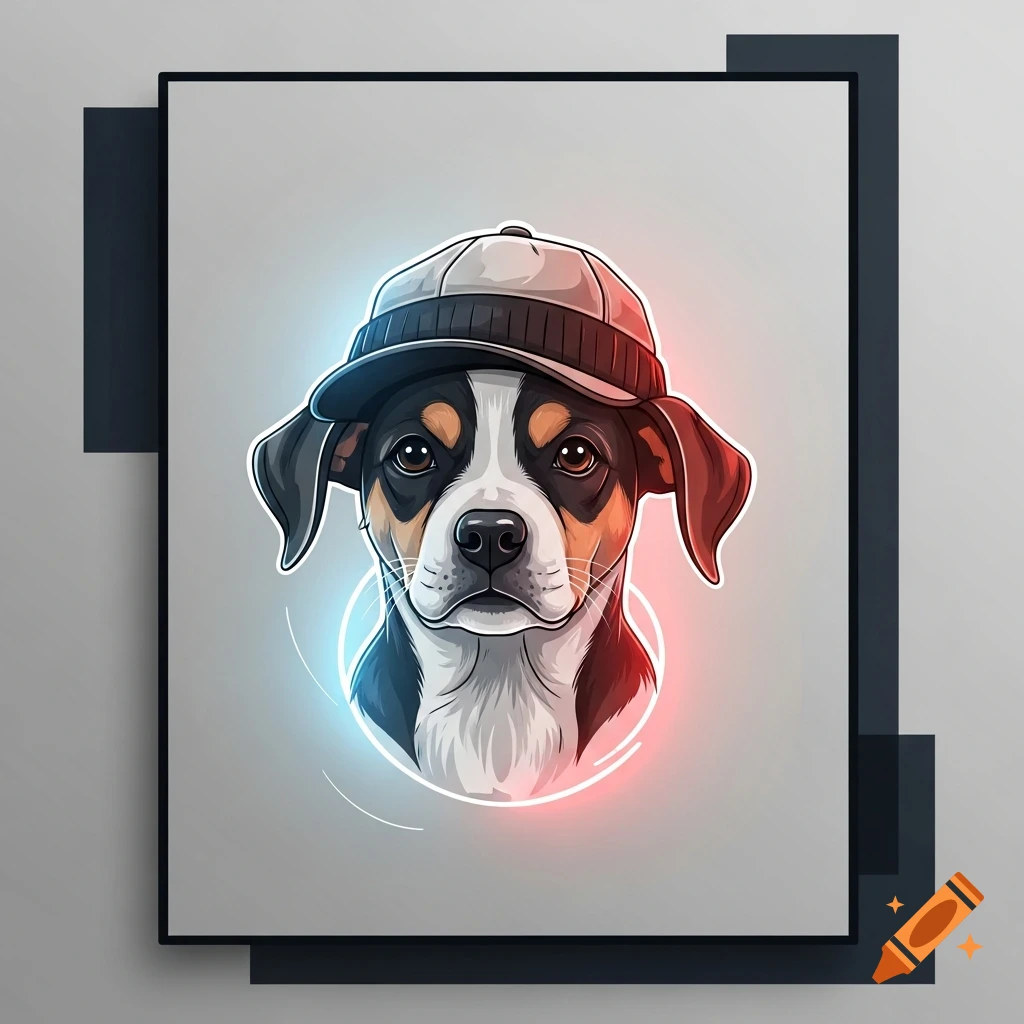 Stylized illustration of a dog in a baseball cap with a blue and red neon glow around its head.