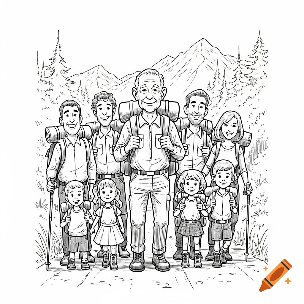 Black and white cartoon of a multi-generational family, including an elderly man, adults, and children, with backpacks and walking sticks, ready for a hike in front of mountains.