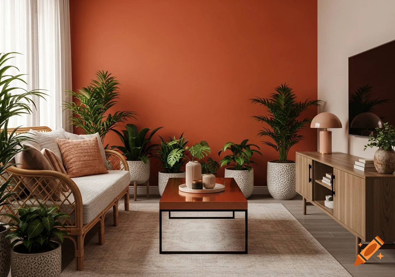 A modern living room with a burnt orange accent wall, a rattan couch, many plants, a copper coffee table, and a wood TV console.