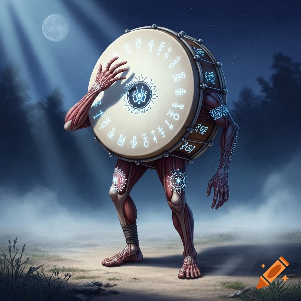A sentient drum with glowing symbols, human muscular arms, and legs stands in a misty forest under moonlight.