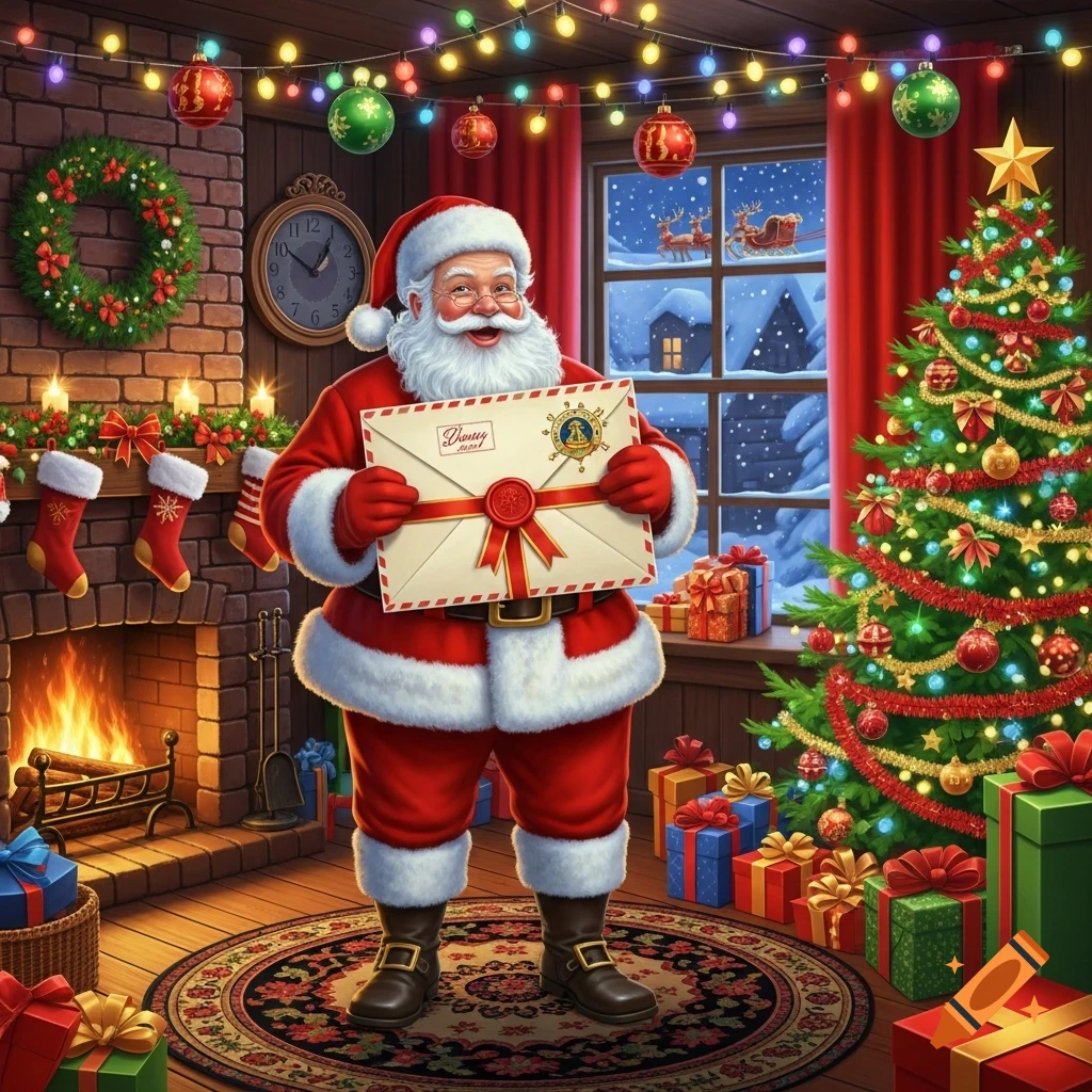 Santa Claus holding a large, festive envelope in a cozy, decorated Christmas living room with a fireplace and Christmas tree.