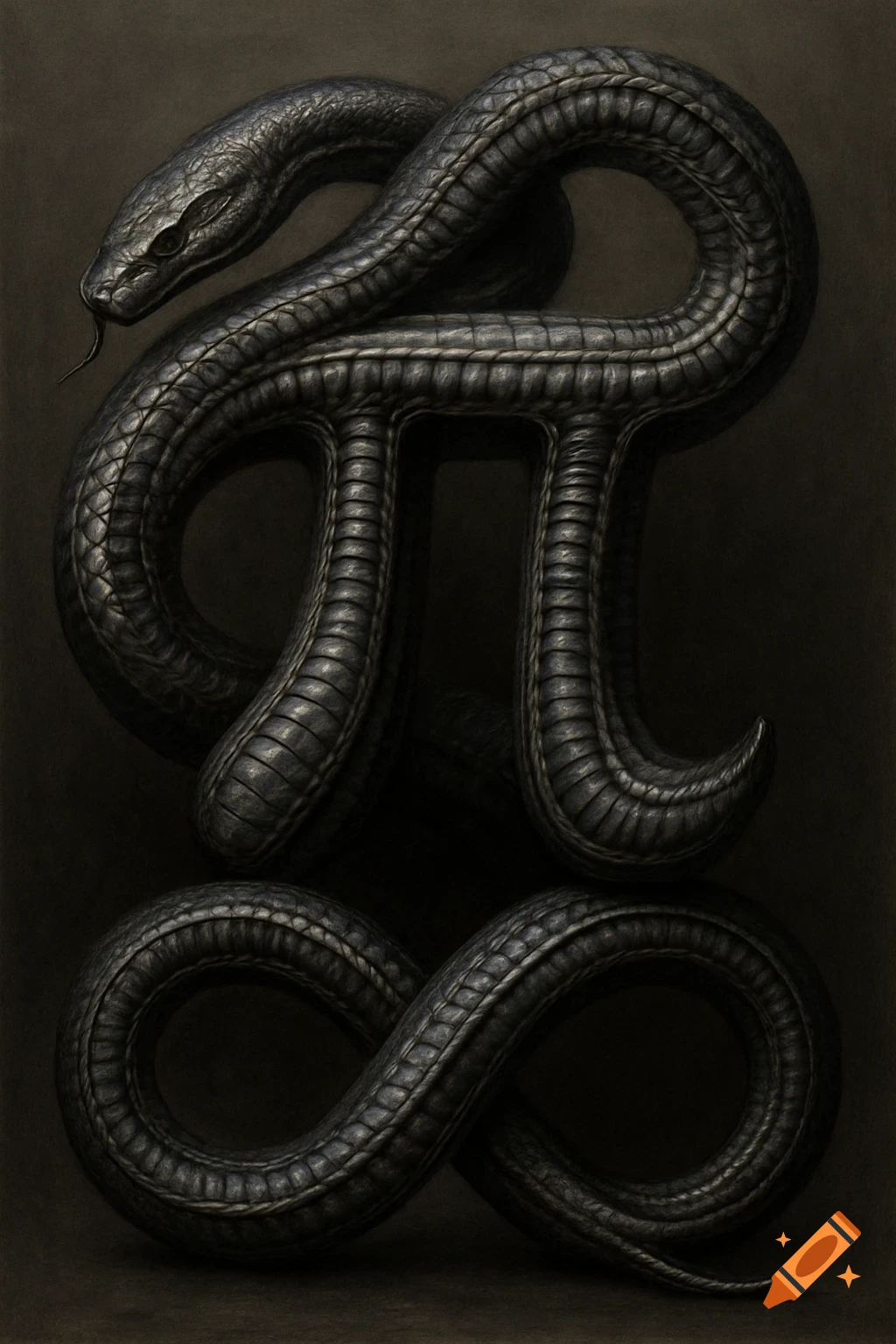 A dark, textured snake forms the Greek letter Pi and an infinity symbol, in the style of H.R. Giger.
