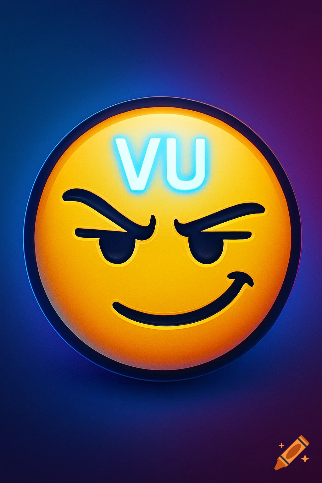 A mischievous yellow emoji winks, with arched eyebrows and glowing blue text 'VU' on its forehead, on a dark blue and purple gradient background.