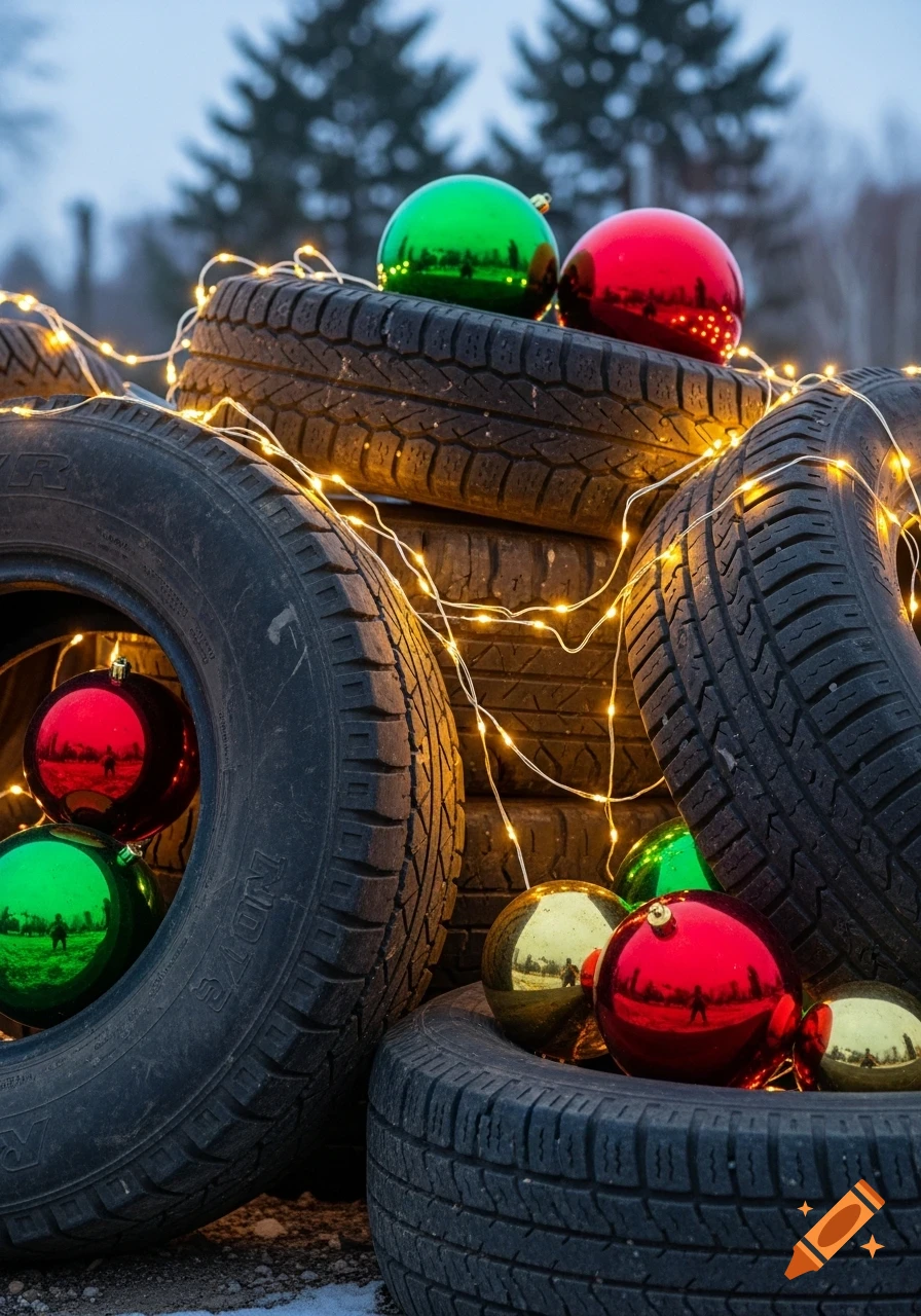A pile of dark car tires adorned with festive string lights and shiny red, green, and gold Christmas ornaments outdoors.