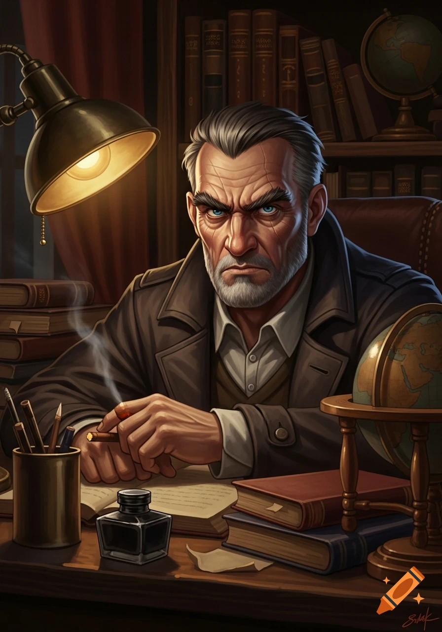 Illustrated portrait of an angry, grey-haired man with blue eyes, holding a smoking cigar at a desk filled with books, ink, and a globe, lit by a desk lamp.