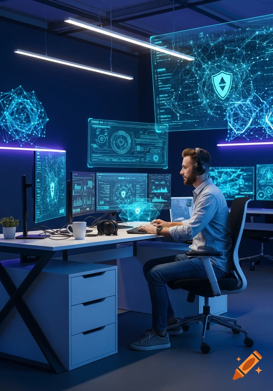 A man wearing headphones works at a desk with multiple monitors and holographic displays showing network graphs and data in a blue-lit tech environment, focusing on web3 and digital security.