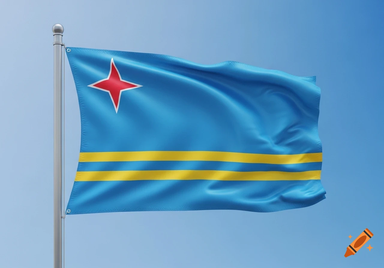 Photorealistic image of the Aruba flag, light blue with two yellow horizontal stripes and a red four-pointed star bordered in white, waving against a clear blue sky.