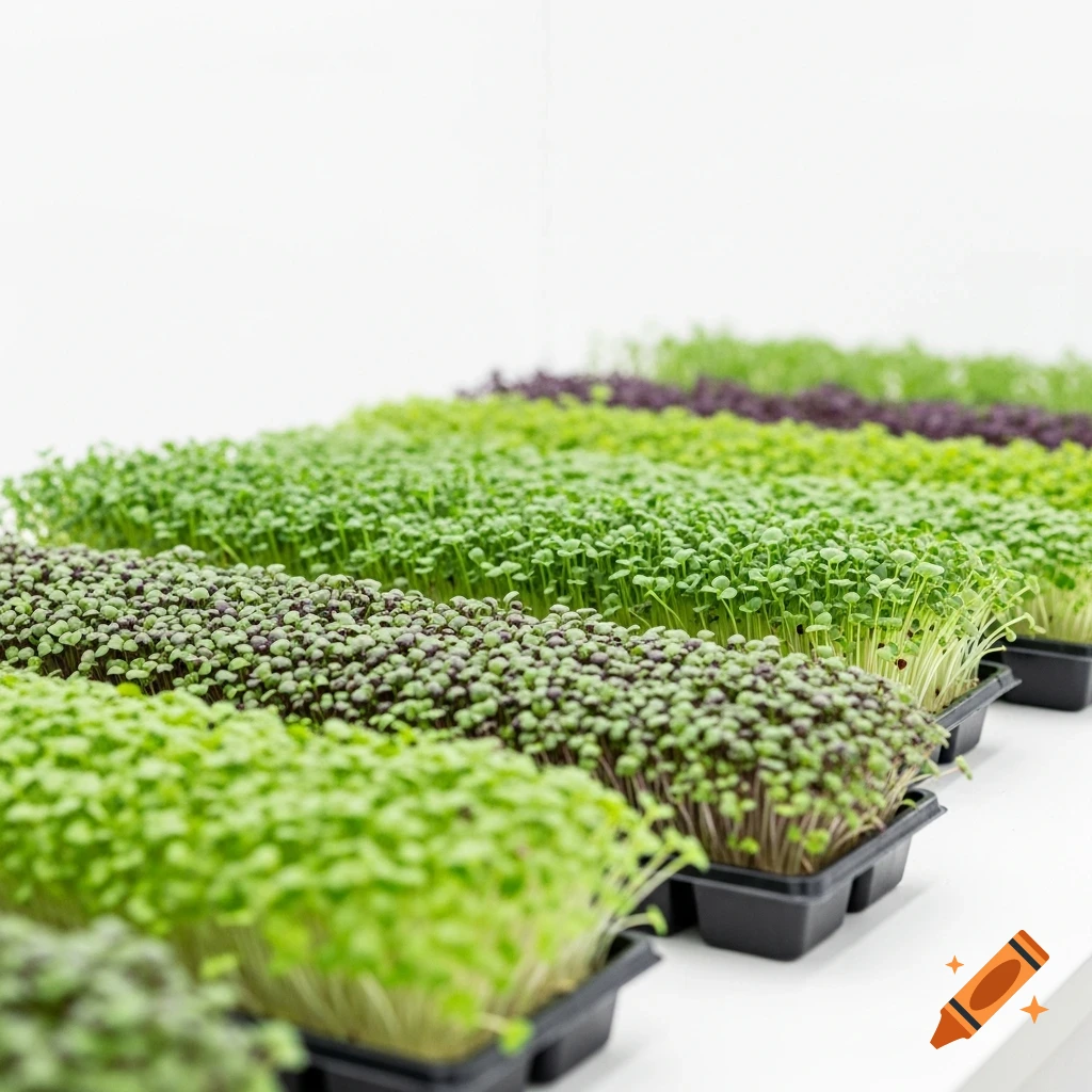Close-up of neatly arranged rows of various microgreens in black trays, with shades of green and purple against a white background.