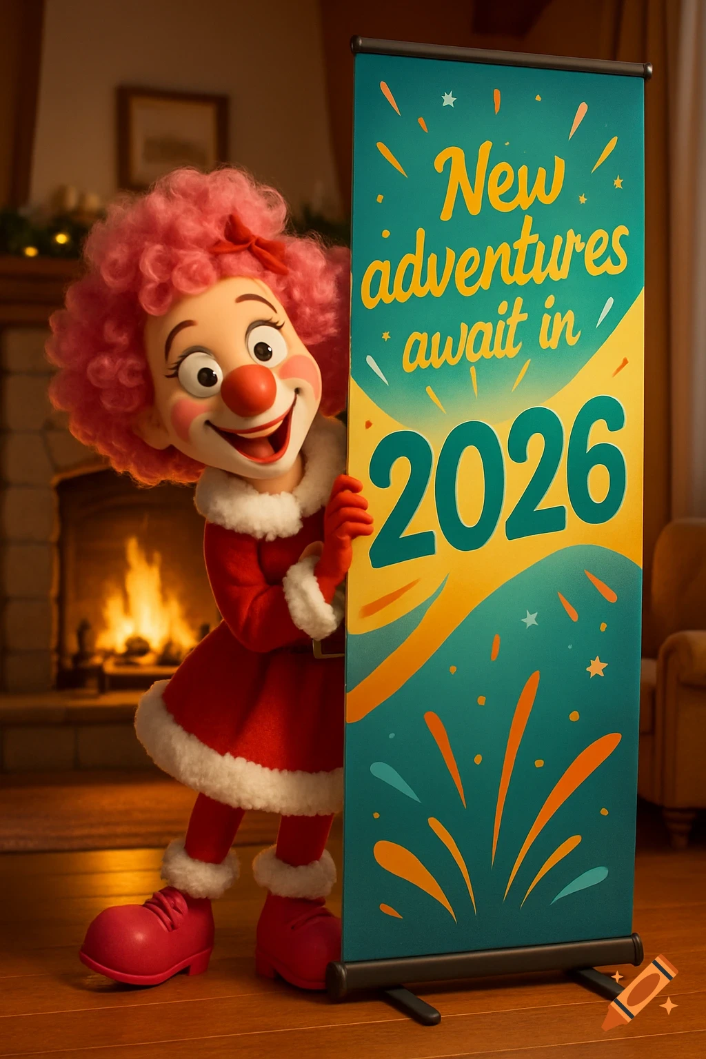 Cute female clown in Santa suit peeks from behind a 'New adventures await in 2026' banner by a fireplace, Pixar 3D art style.