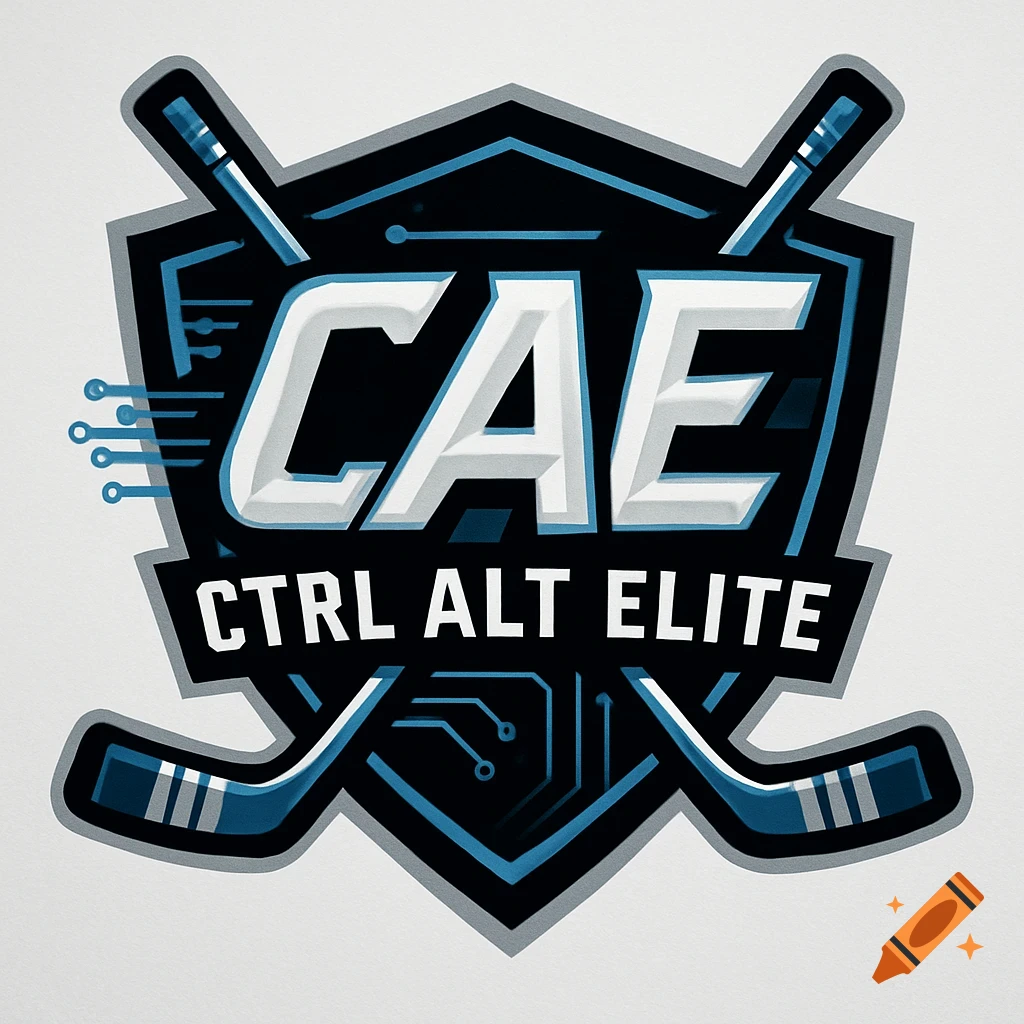 Modern blue, black, and white shield logo for 'CTRL ALT ELITE' with 'CAE' and hockey sticks.