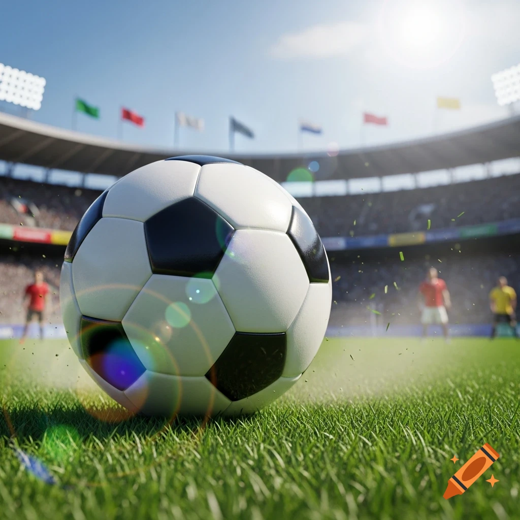 Close-up, low-angle view of a soccer ball on green grass in a sunlit stadium with blurred players in the background.