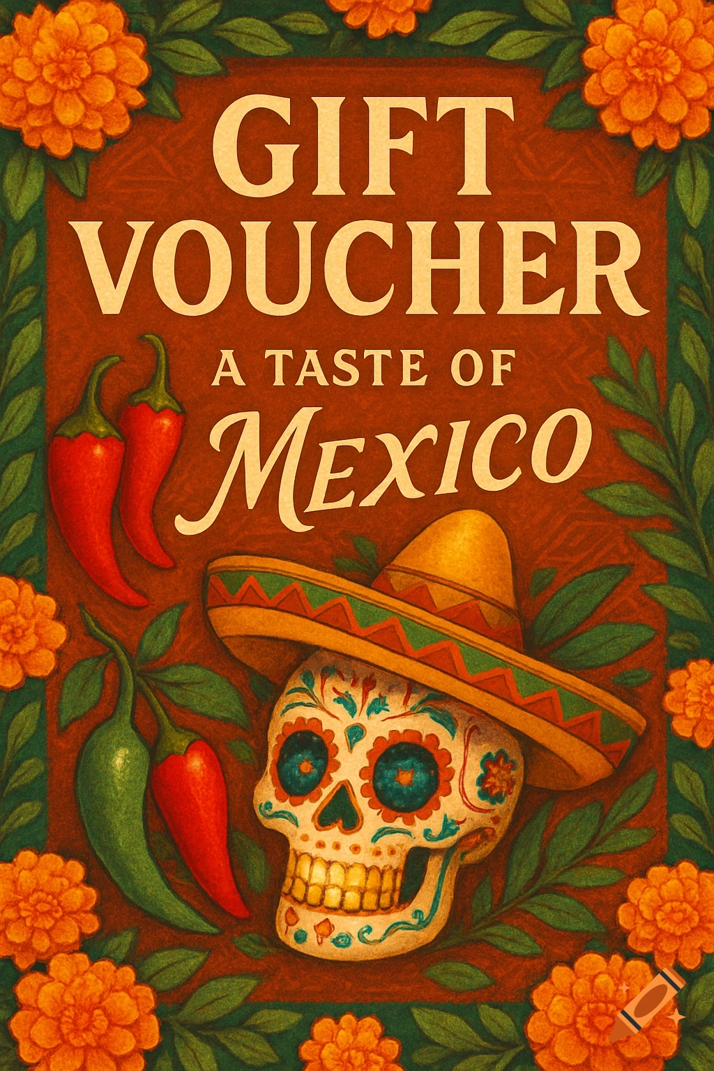 A vibrant, illustrated gift voucher for "A Taste of Mexico" featuring a sugar skull in a sombrero, chili peppers, and marigold flowers.